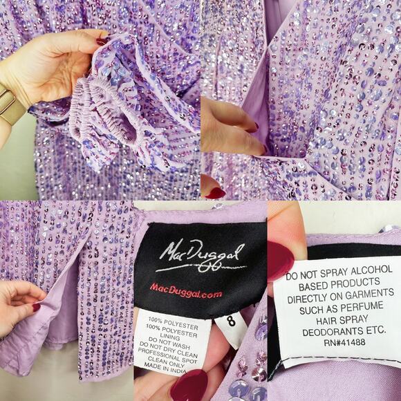 Mac Duggal Sequin Illusion Long Puff Sleeve 107641 Evening Tea Length Midi Dress - Picture 12 of 16